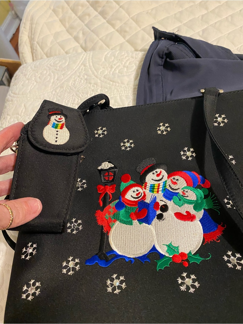 Festive Snowman Embroidered Black Women's Tote Bag